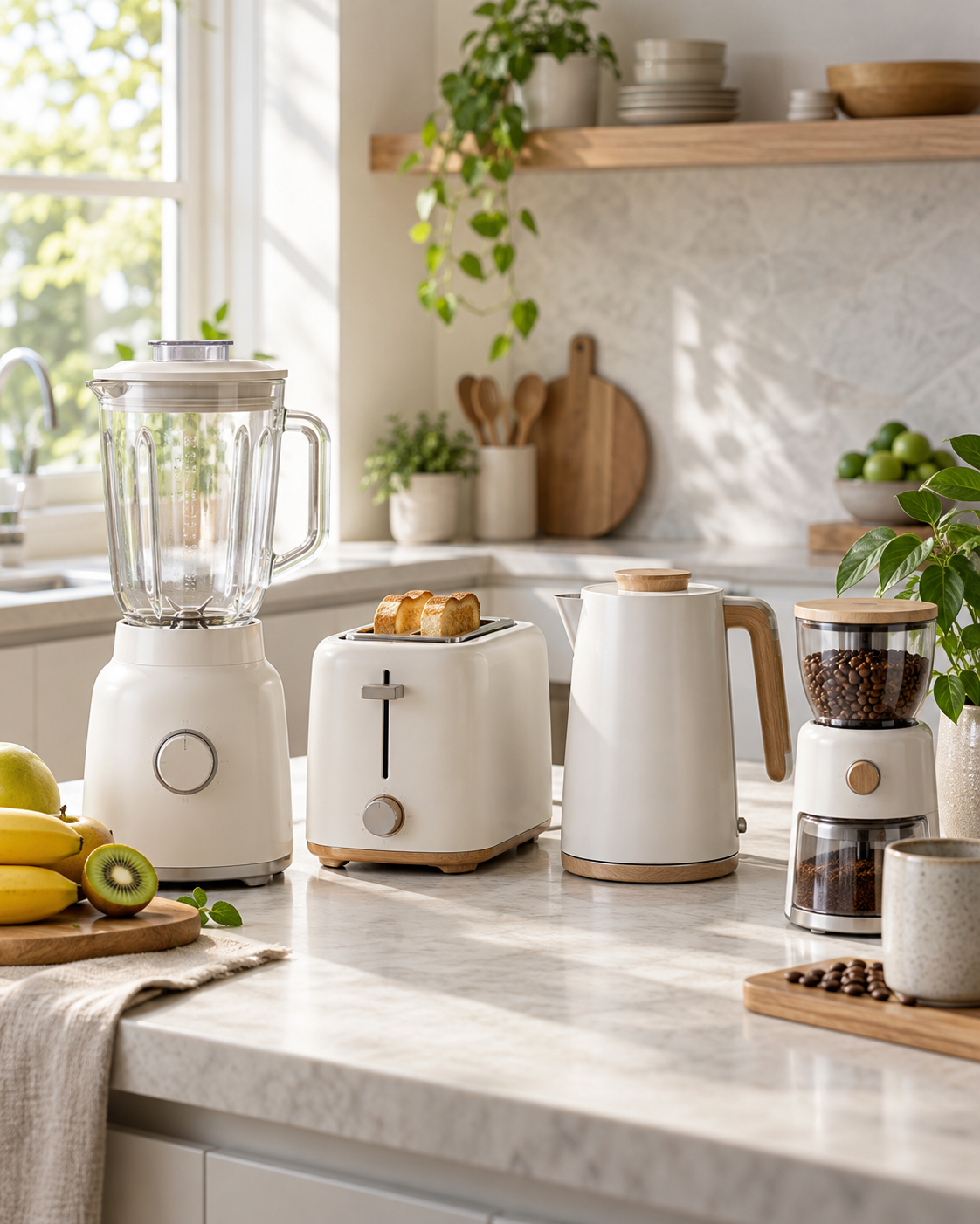 Small household appliances in a bright kitchen.